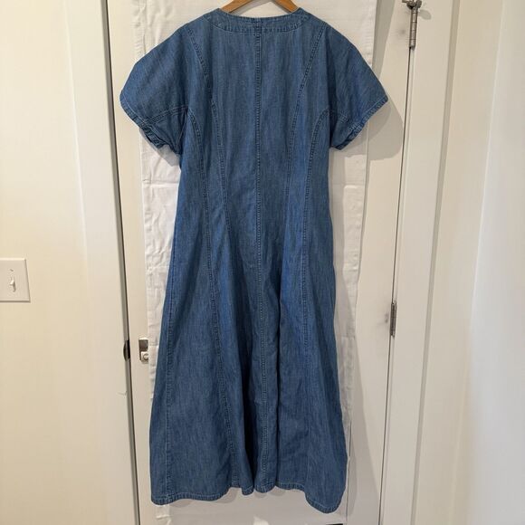 Loft Denim Dress Women 14 Blue Jean Pockets 100% Cotton Maxi Cottage Button Down - Picture 6 of 11